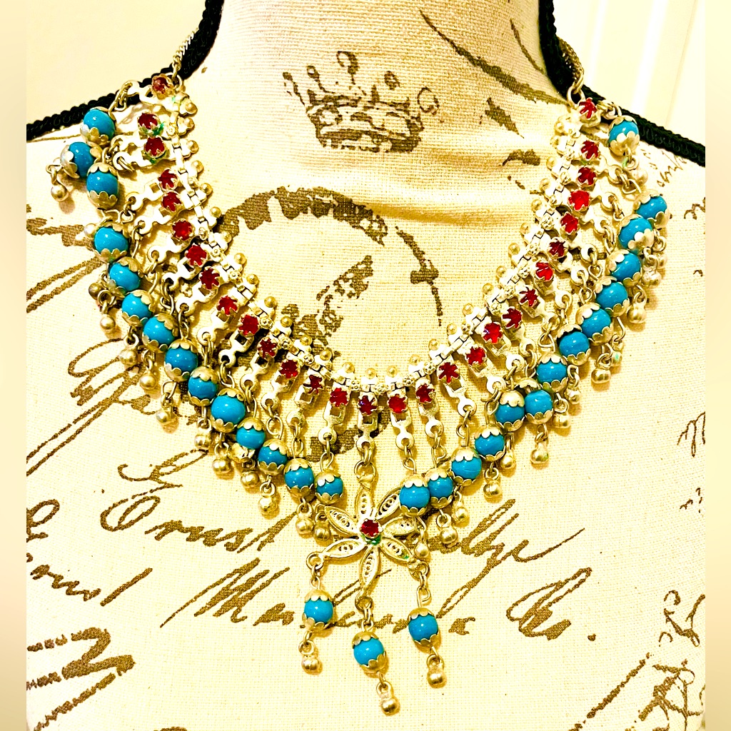 Vtg Tribal Bib Necklace Blue Beads Red Rhinestones Silver Tone Boho